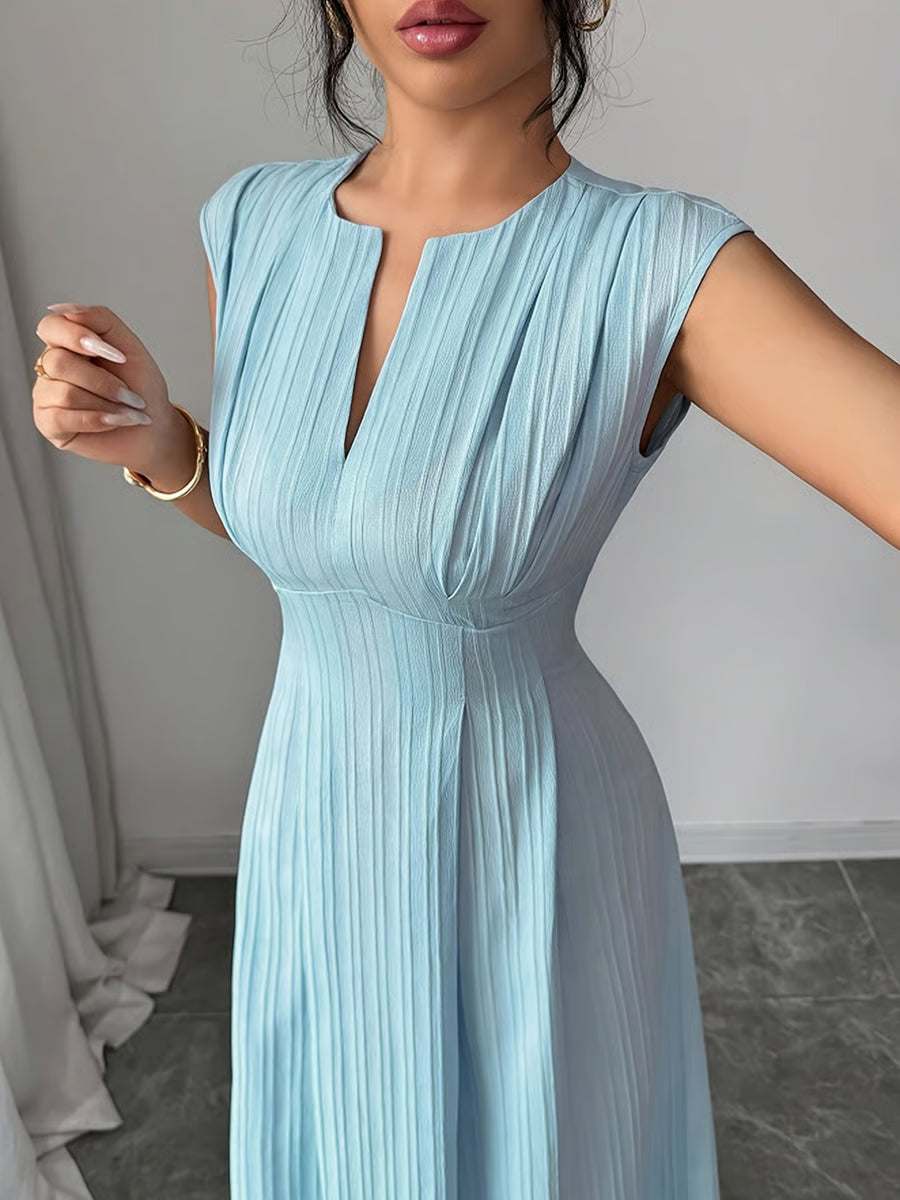 Blue Sleeveless Textured A-Line Maxi Dress