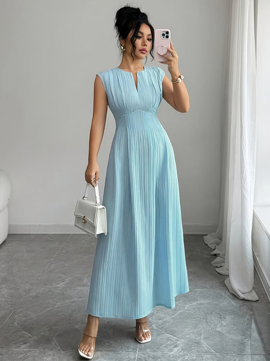 Blue Sleeveless Textured A-Line Maxi Dress
