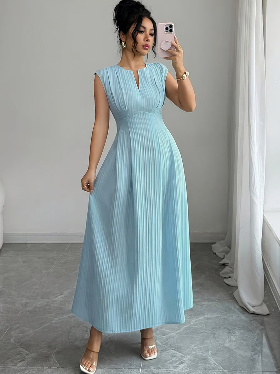 Blue Sleeveless Textured A-Line Maxi Dress