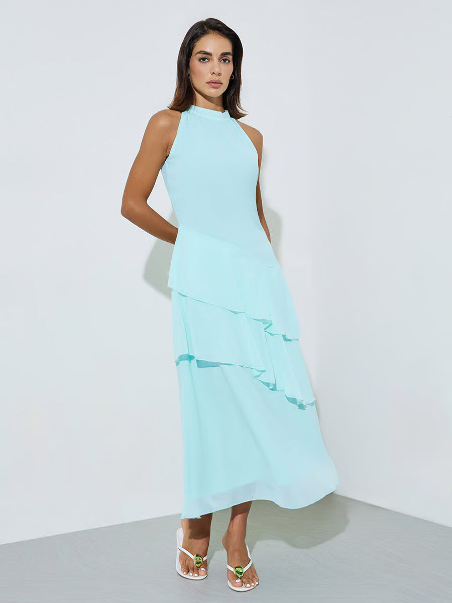 Aqua Sleeveless Ruched A-Line Maxi Dress