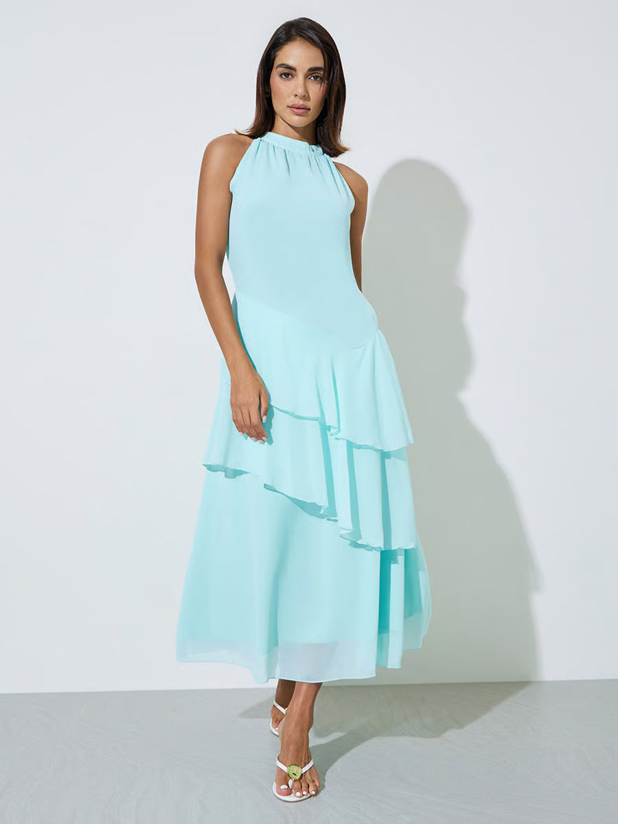 Aqua Sleeveless Ruched A-Line Maxi Dress