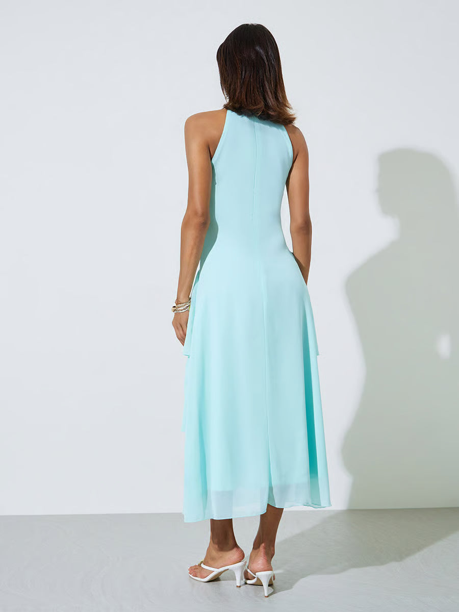 Aqua Sleeveless Ruched A-Line Maxi Dress