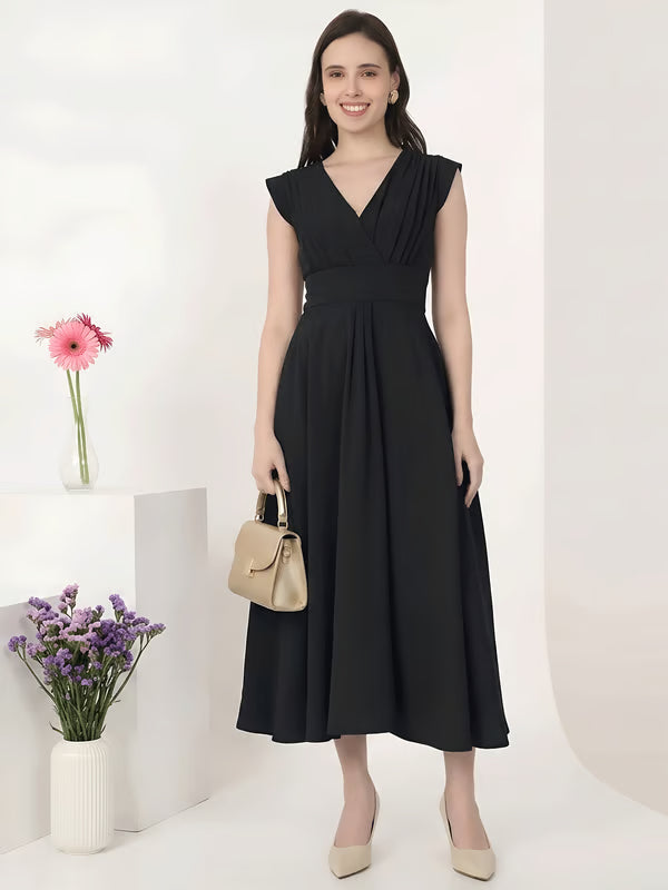 Black Cap Sleeves Rushed Fit and Flare Midi Dress