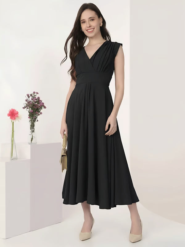 Black Cap Sleeves Rushed Fit and Flare Midi Dress