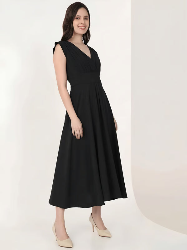 Black Cap Sleeves Rushed Fit and Flare Midi Dress