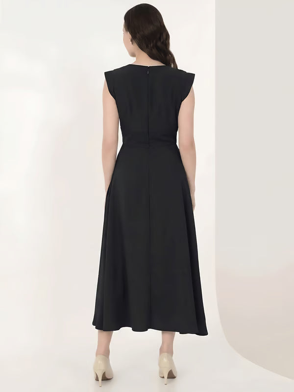 Black Cap Sleeves Rushed Fit and Flare Midi Dress