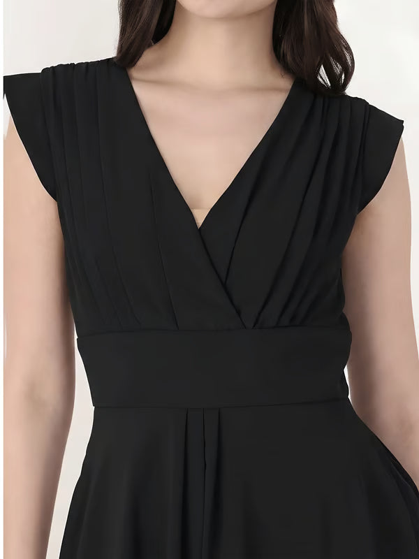 Black Cap Sleeves Rushed Fit and Flare Midi Dress