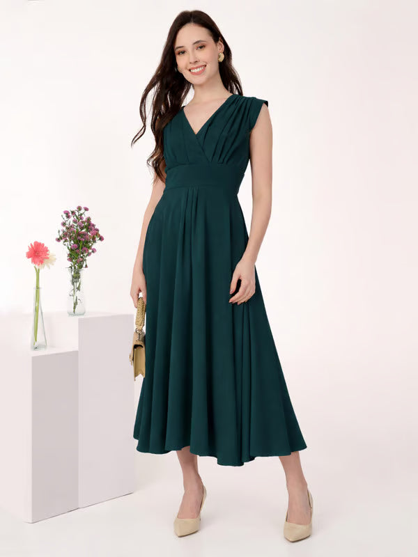 Teal Cap Sleeves Rushed Fit and Flare Midi Dress