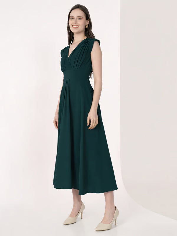 Teal Cap Sleeves Rushed Fit and Flare Midi Dress