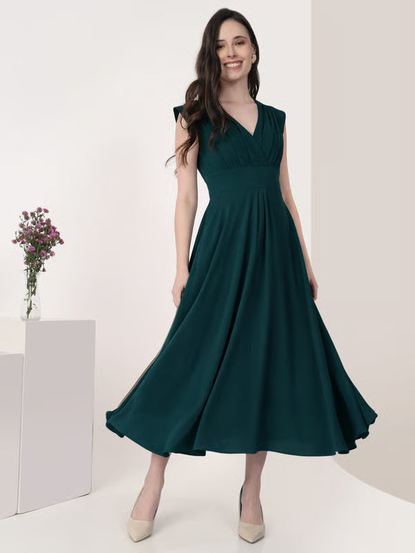 Teal Cap Sleeves Rushed Fit and Flare Midi Dress
