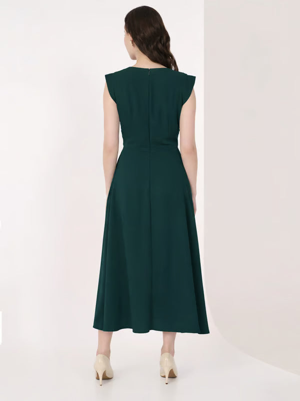 Teal Cap Sleeves Rushed Fit and Flare Midi Dress