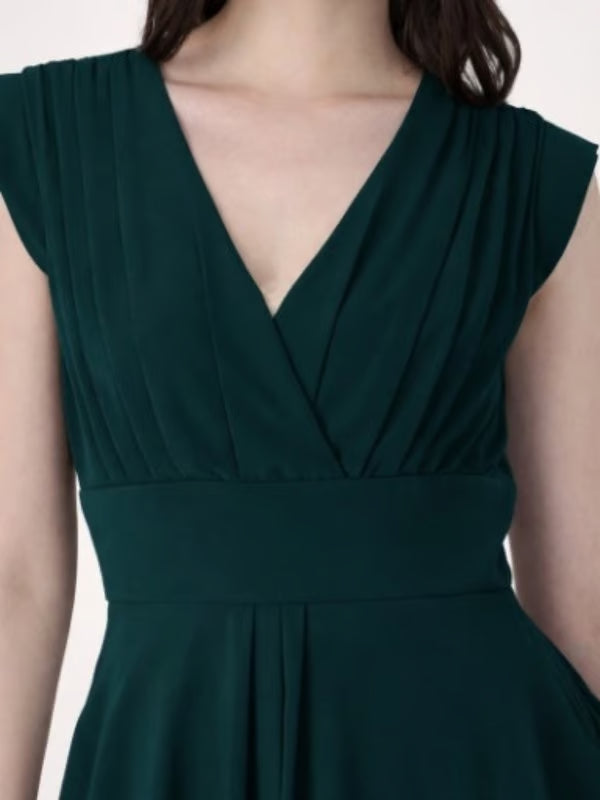 Teal Cap Sleeves Rushed Fit and Flare Midi Dress