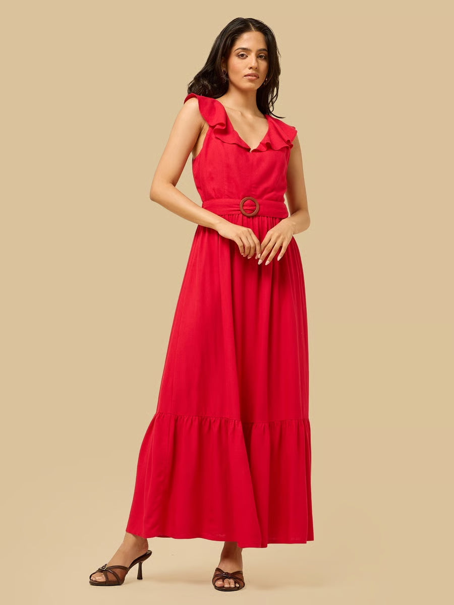 Tiered V Neck Sleeveless Maxi Dress