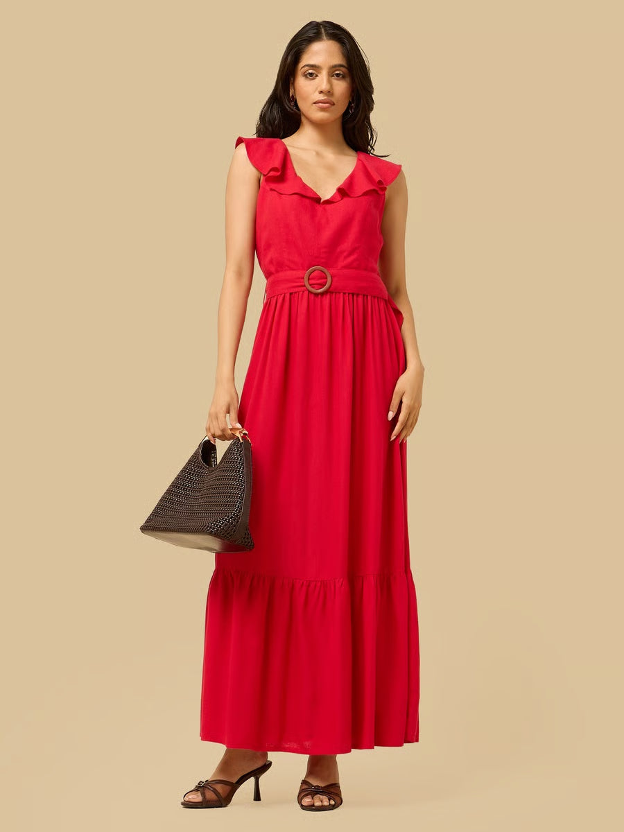 Tiered V Neck Sleeveless Maxi Dress