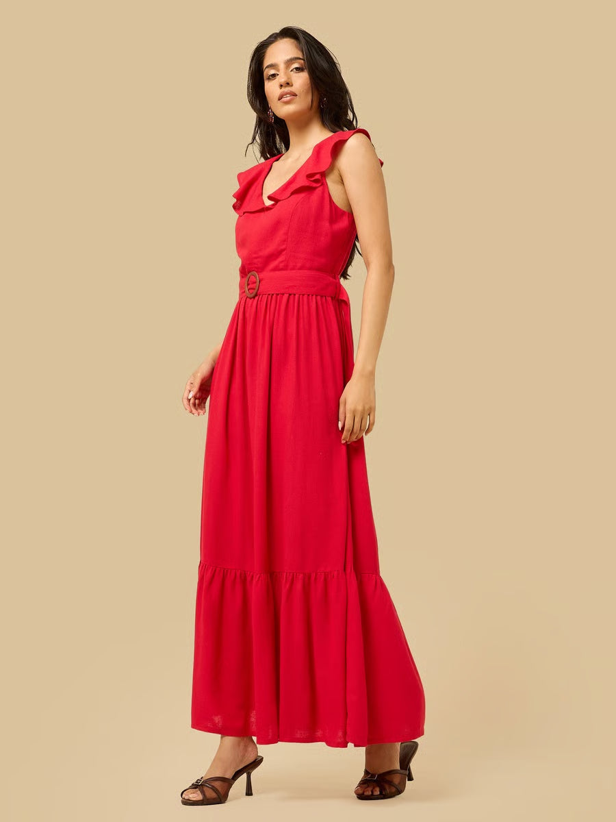 Tiered V Neck Sleeveless Maxi Dress