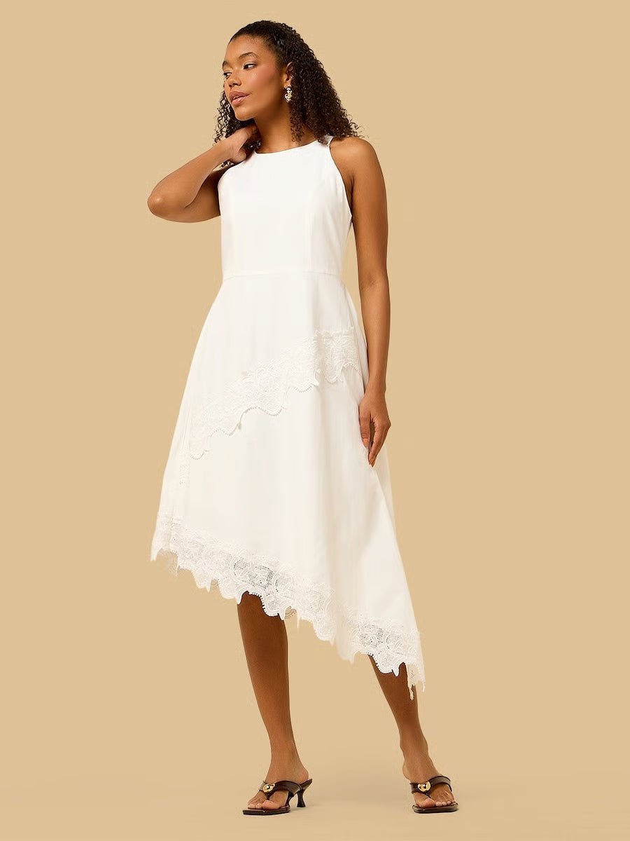 Lace Trim Asymmetric Sleeveless Poplin Dress