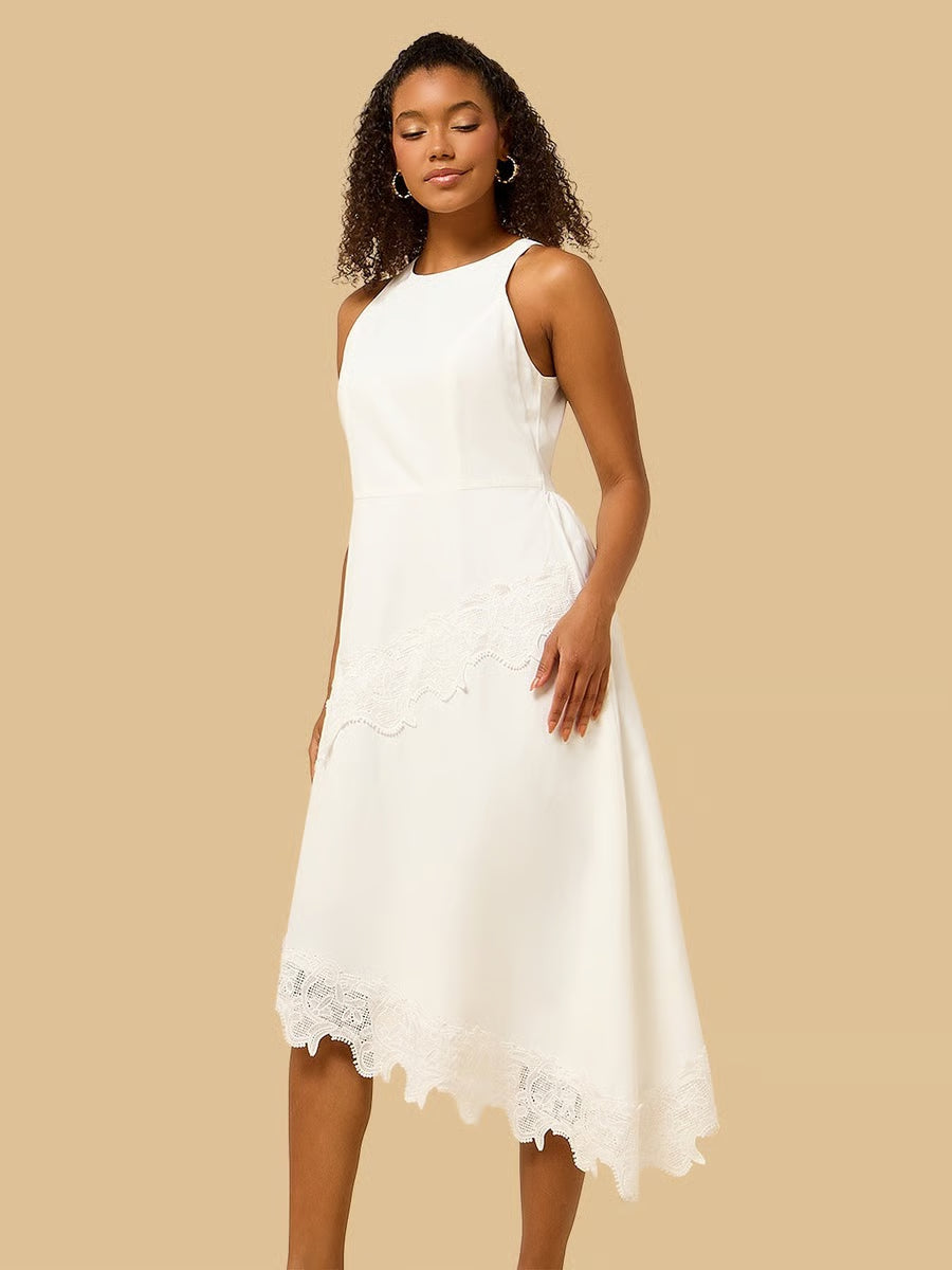 Lace Trim Asymmetric Sleeveless Poplin Dress
