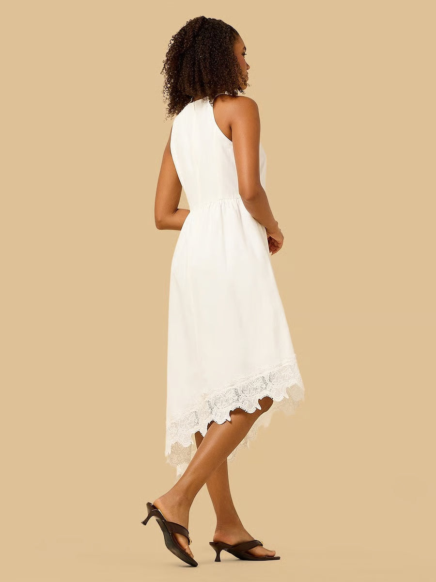 Lace Trim Asymmetric Sleeveless Poplin Dress