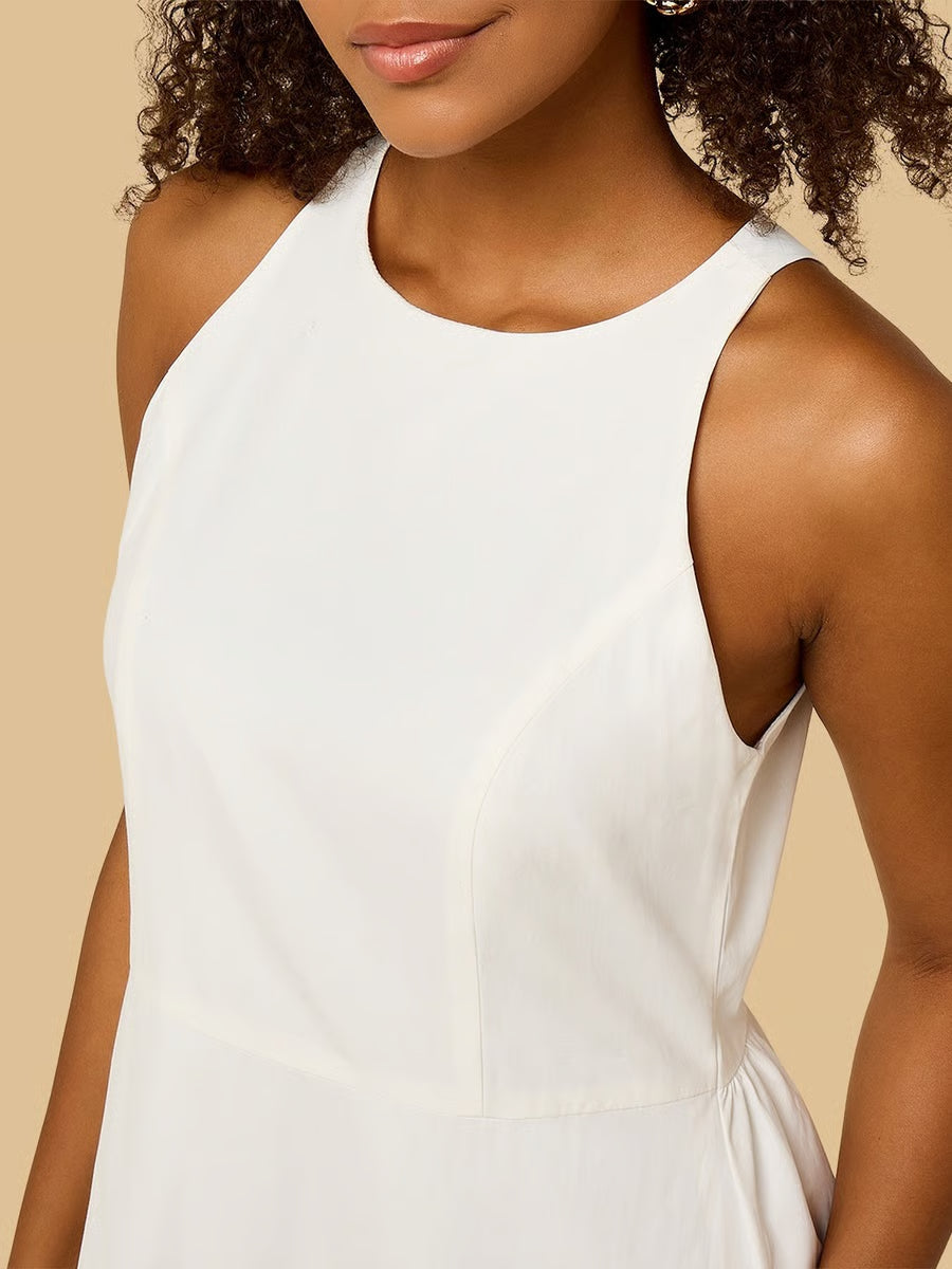 Lace Trim Asymmetric Sleeveless Poplin Dress