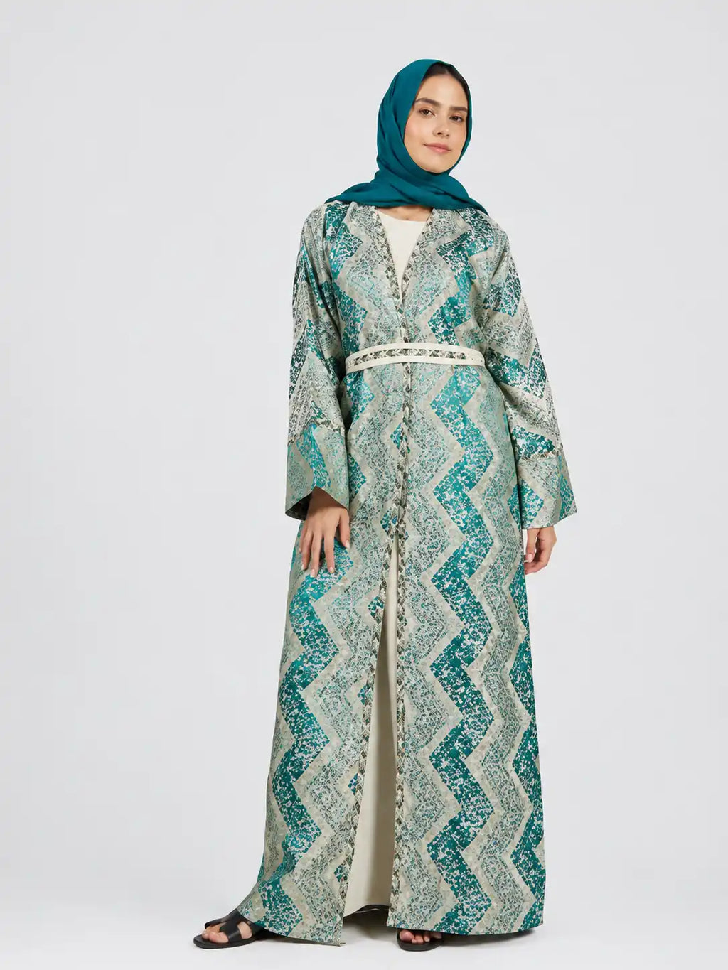 Teal Patterned Open Abaya