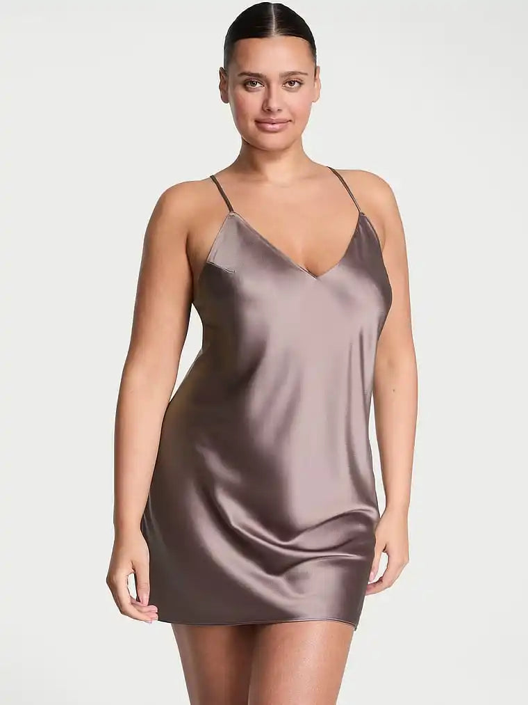Satin Short Slip Chemise with Cross-Back