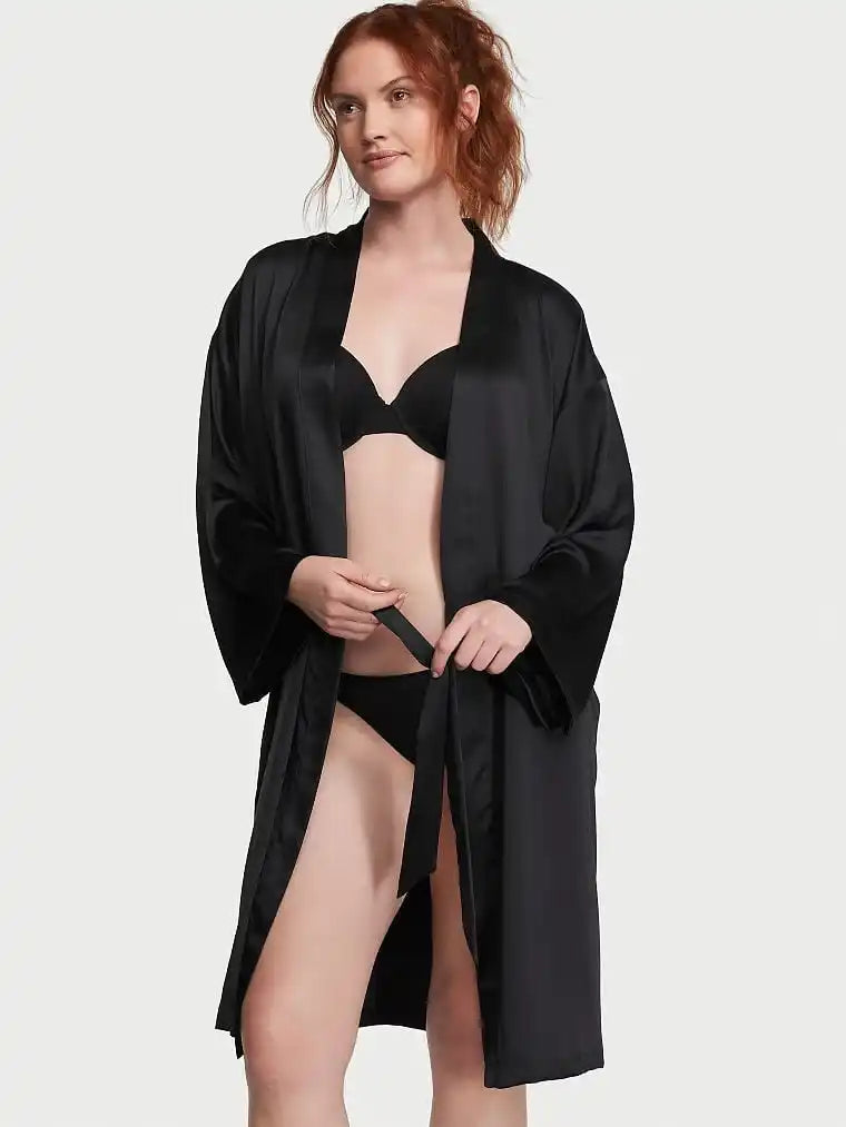 Classic Black Satin Mid-Length Robe