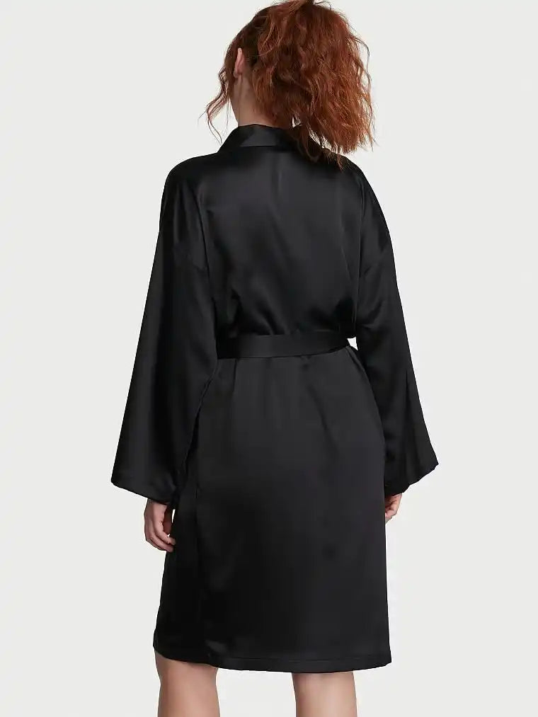 Classic Black Satin Mid-Length Robe