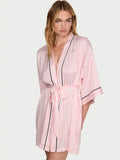 Embellished Pink Striped Satin Kimono Robe
