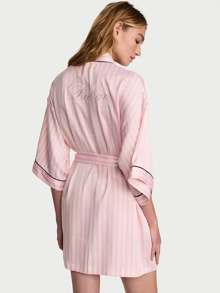 Embellished Pink Striped Satin Kimono Robe