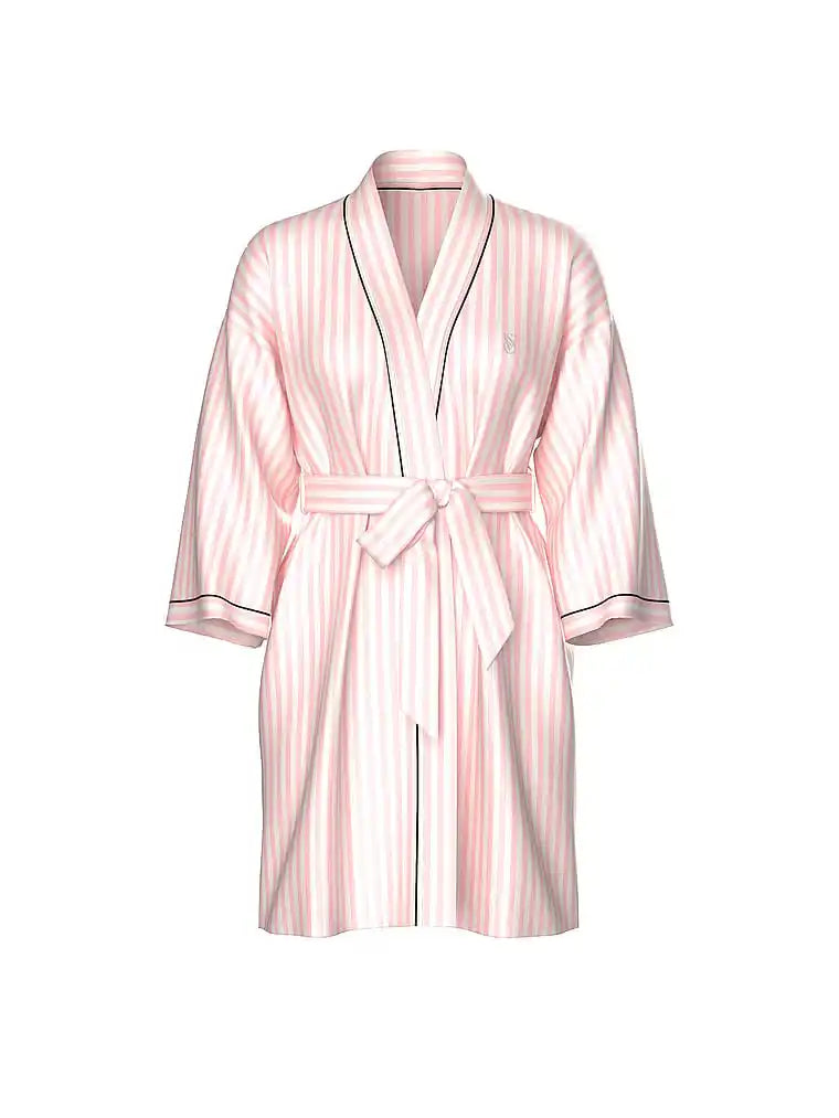 Embellished Pink Striped Satin Kimono Robe