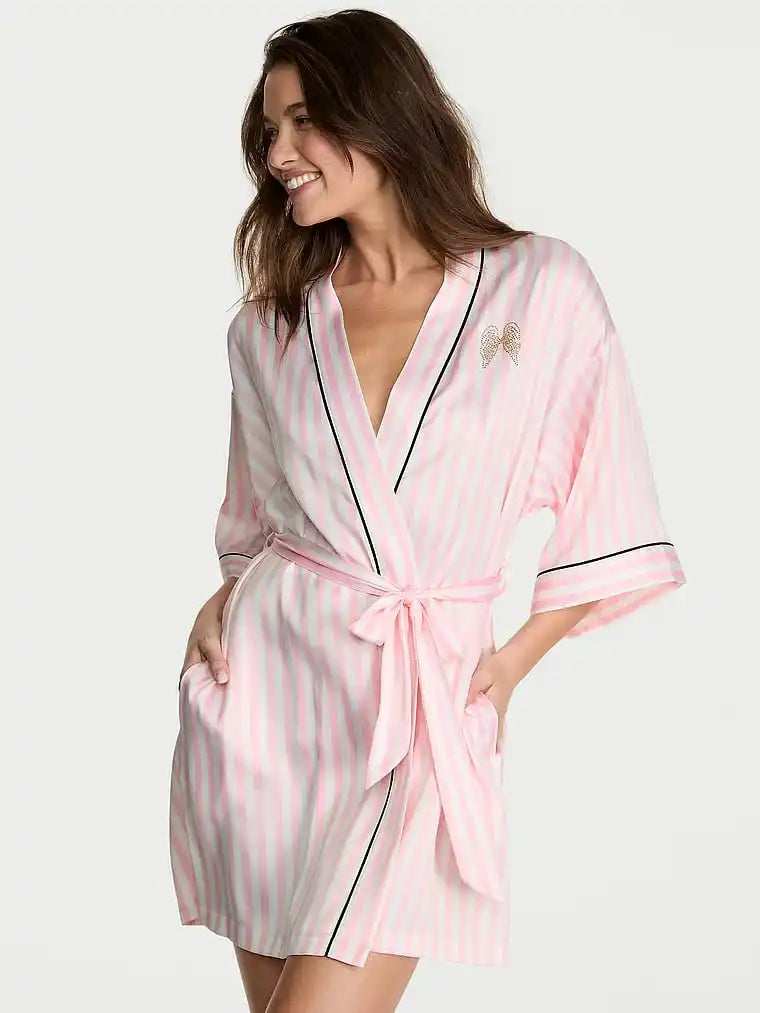 Pink Striped Satin Kimono Robe with Piping
