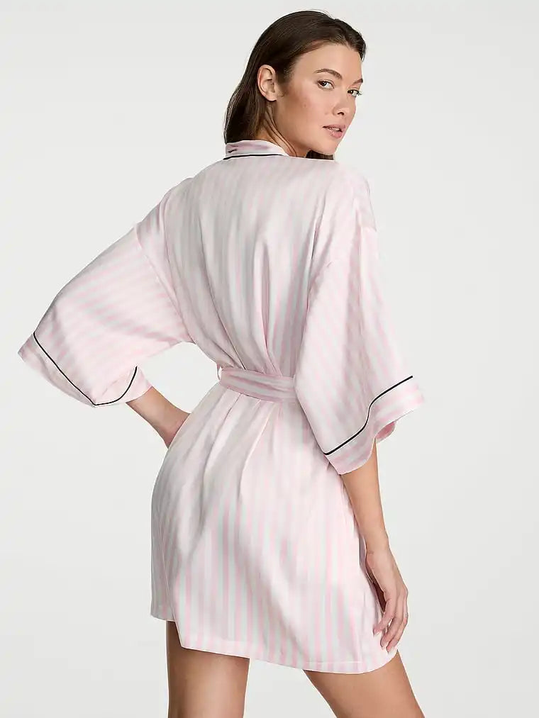 Pink Striped Satin Kimono Robe with Piping