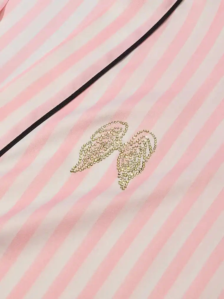 Pink Striped Satin Kimono Robe with Piping