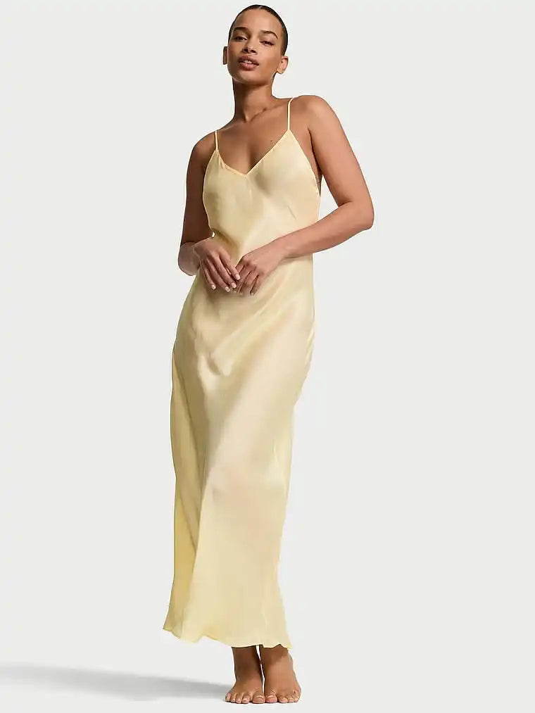 Soft Yellow Satin Maxi Slip Dress