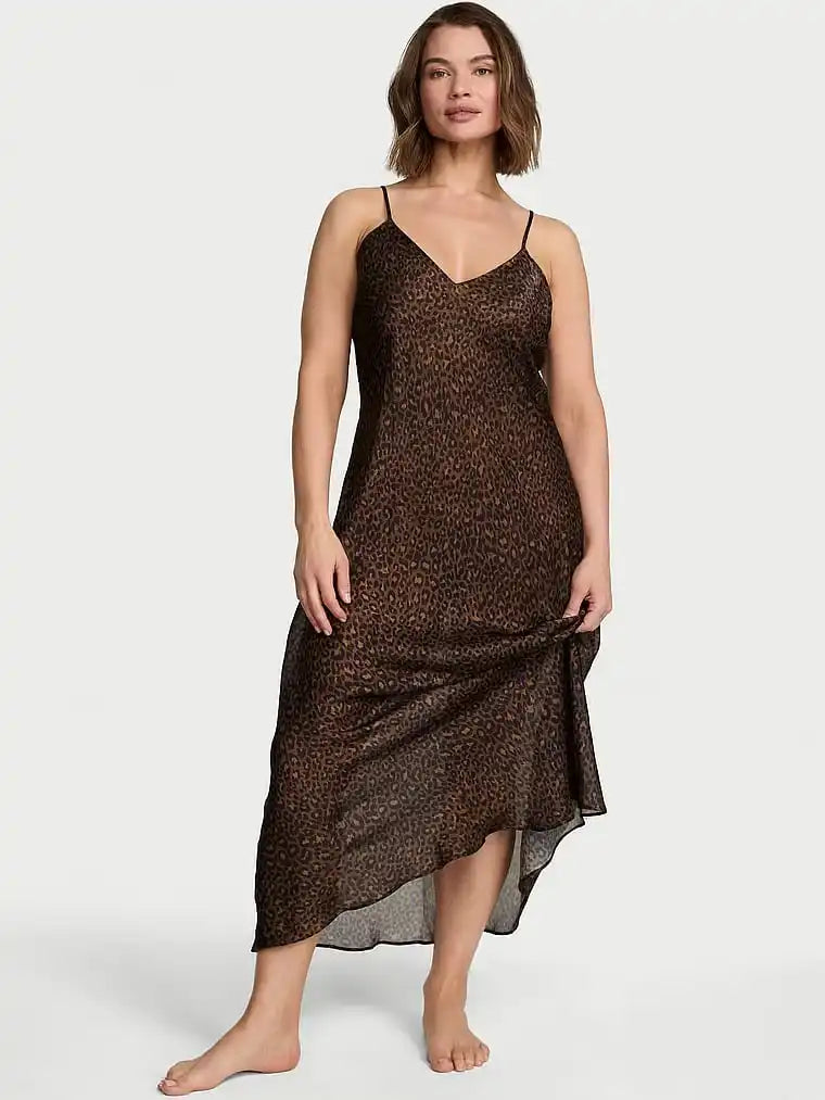 Leopard Print Satin Maxi Slip Dress