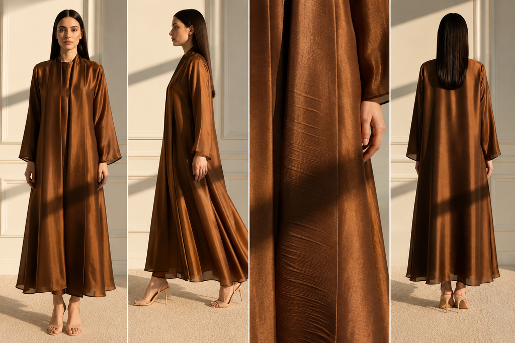 Elegant Copper Brown Satin Open Abaya