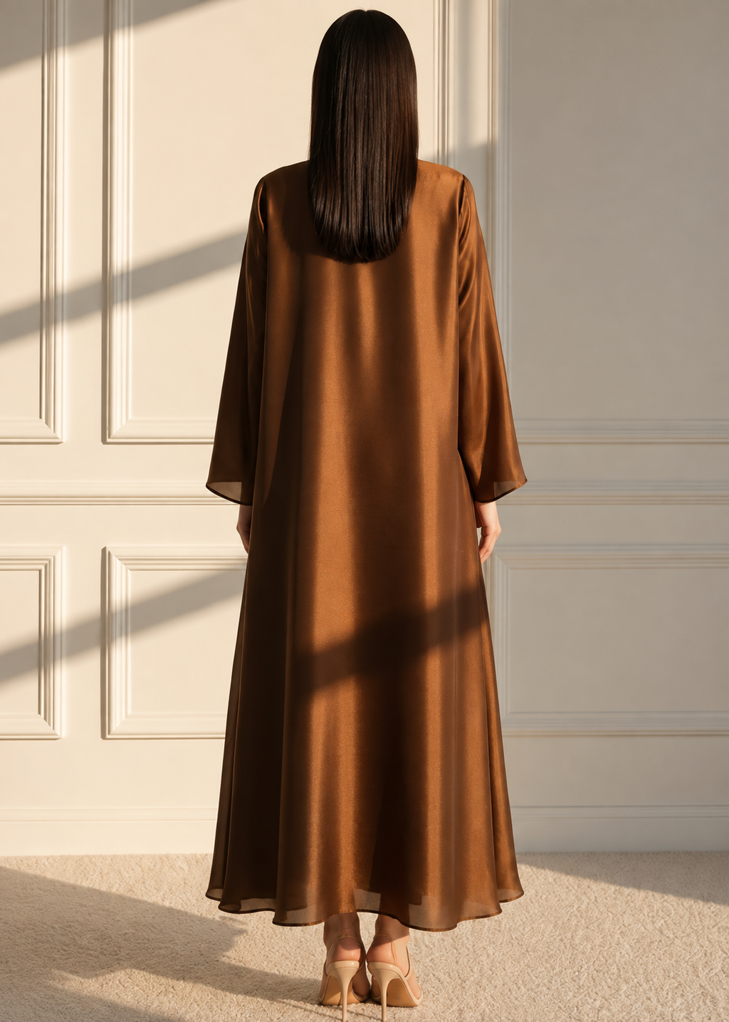Elegant Copper Brown Satin Open Abaya