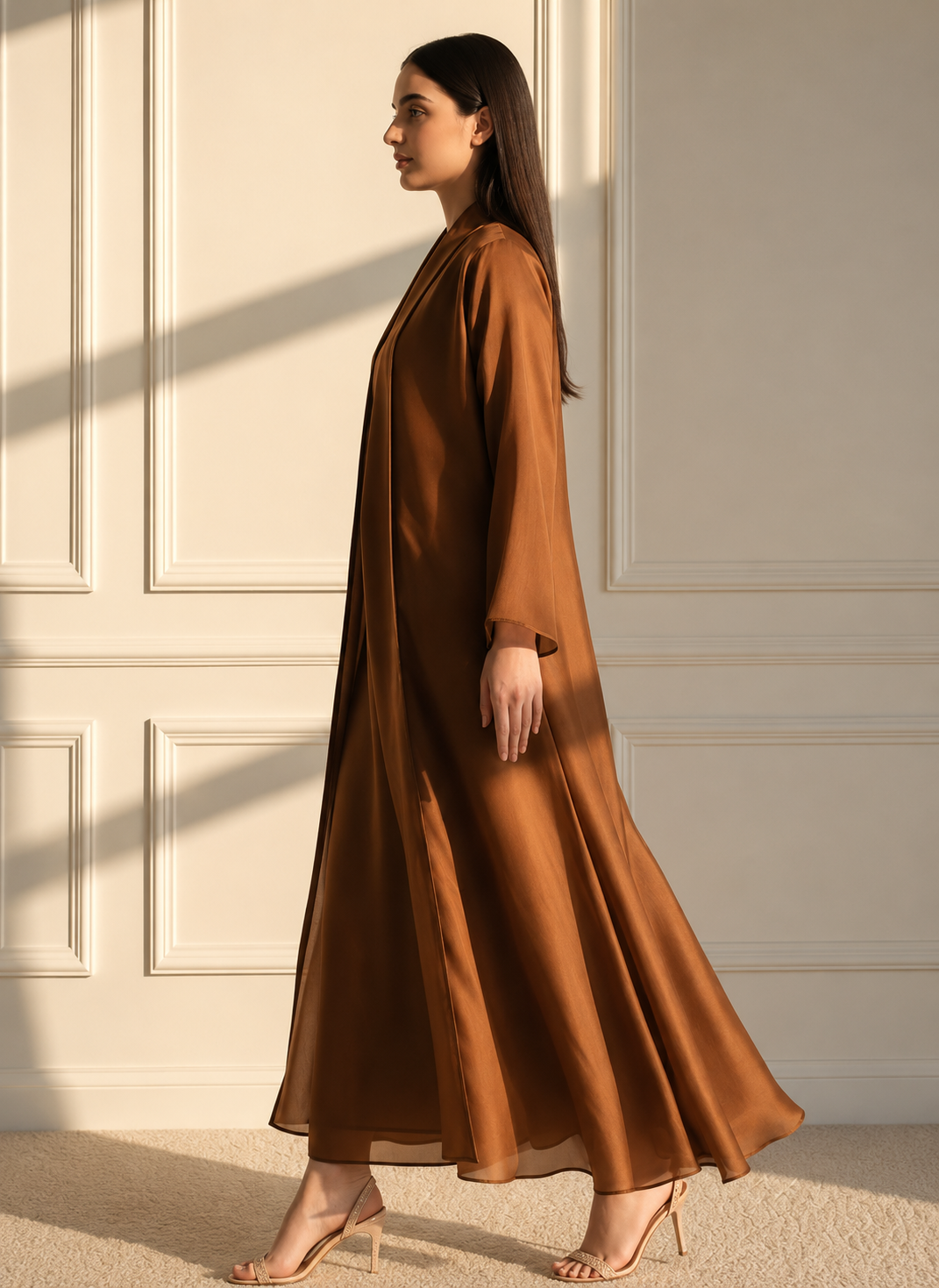 Elegant Copper Brown Satin Open Abaya