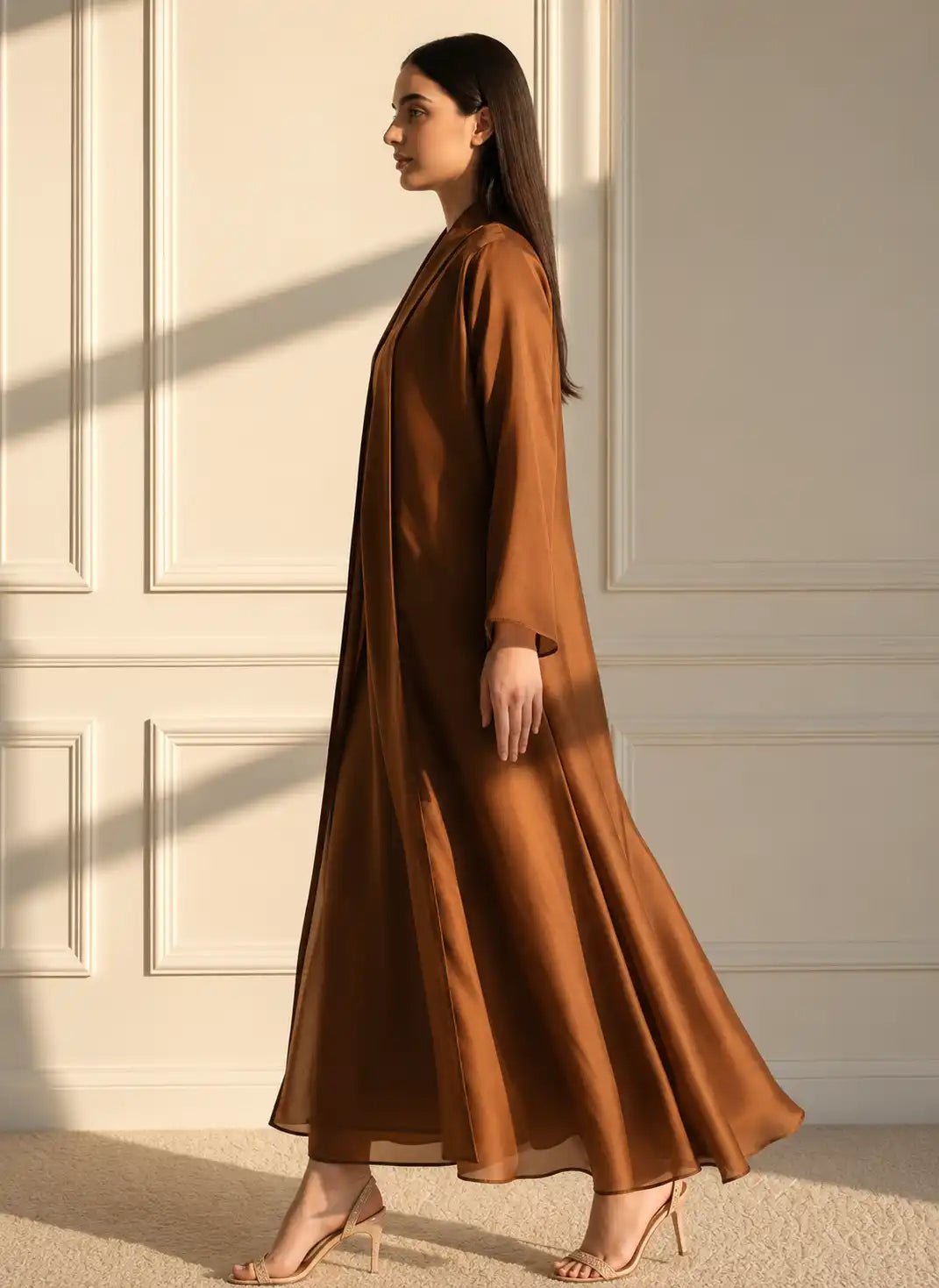 Elegant Copper Brown Satin Open Abaya