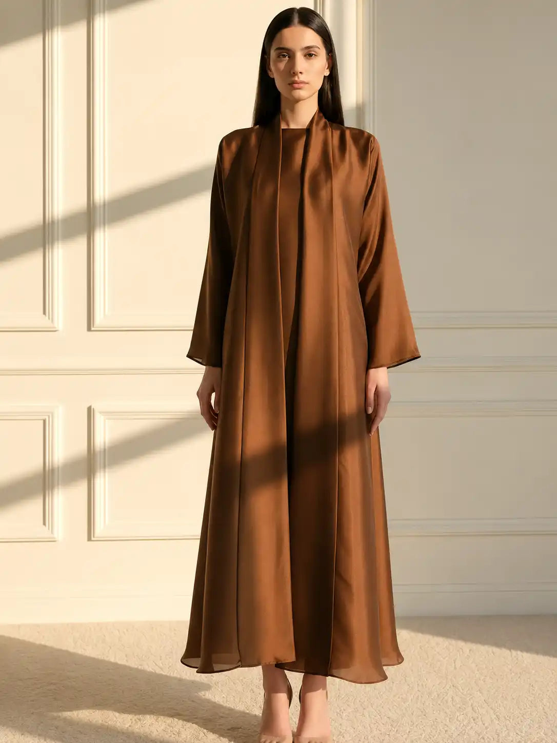 Elegant Copper Brown Satin Open Abaya