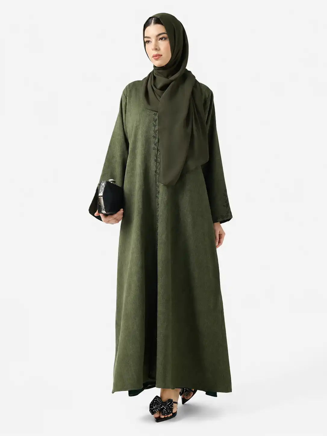 Elegant Olive Green Embroidered Front Open Modest Abaya for Women