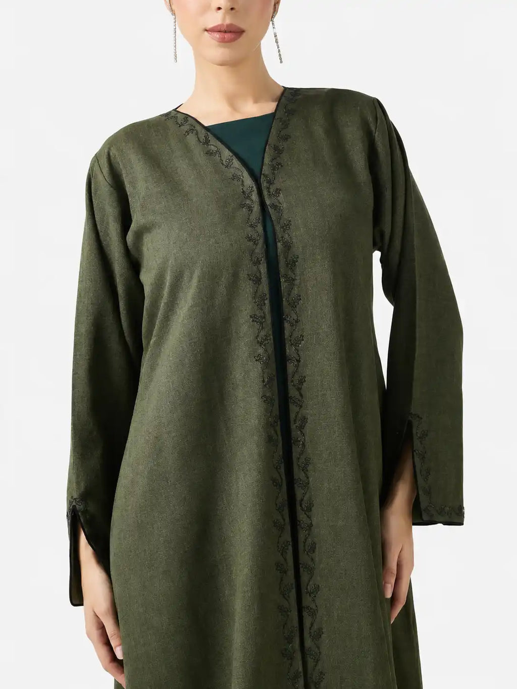 Elegant Olive Green Embroidered Front Open Modest Abaya for Women