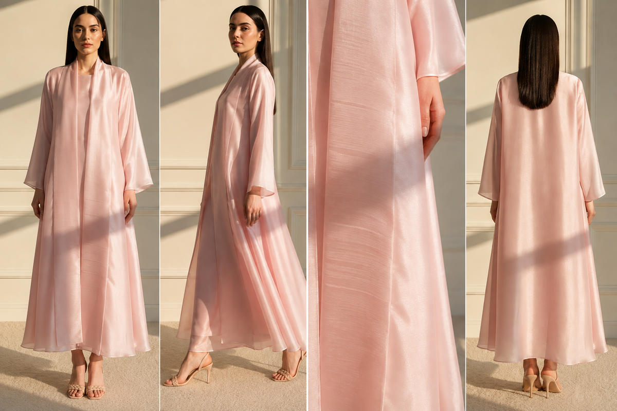 Blush Pink Satin Open Front Abaya with Matching Inner Dress