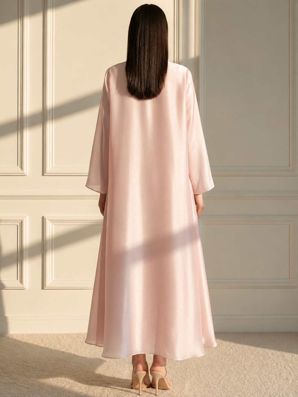 Blush Pink Satin Open Front Abaya with Matching Inner Dress