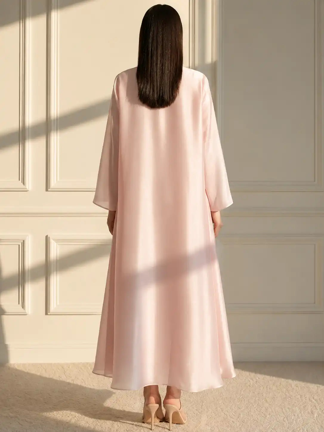 Blush Pink Satin Open Front Abaya with Matching Inner Dress