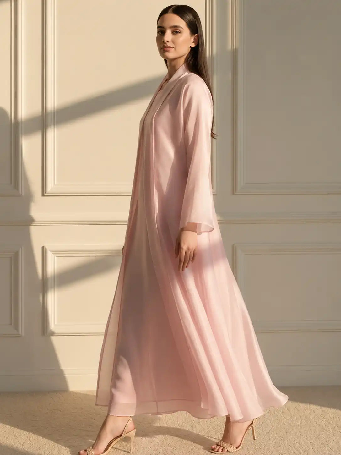 Blush Pink Satin Open Front Abaya with Matching Inner Dress