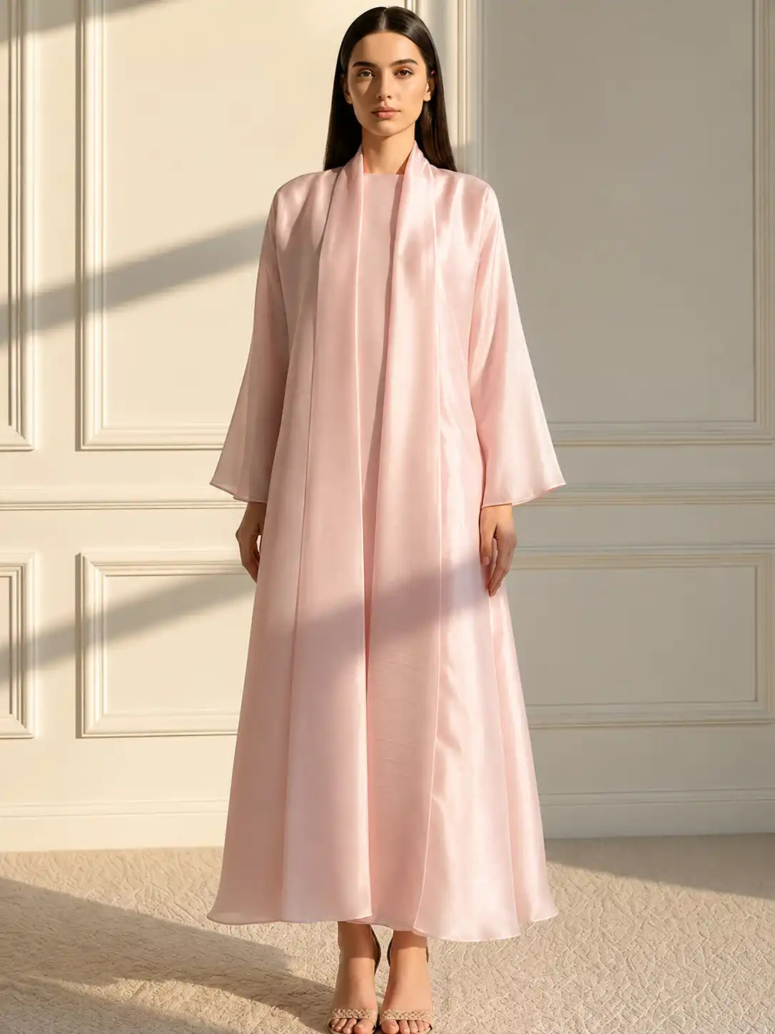 Blush Pink Satin Open Front Abaya with Matching Inner Dress