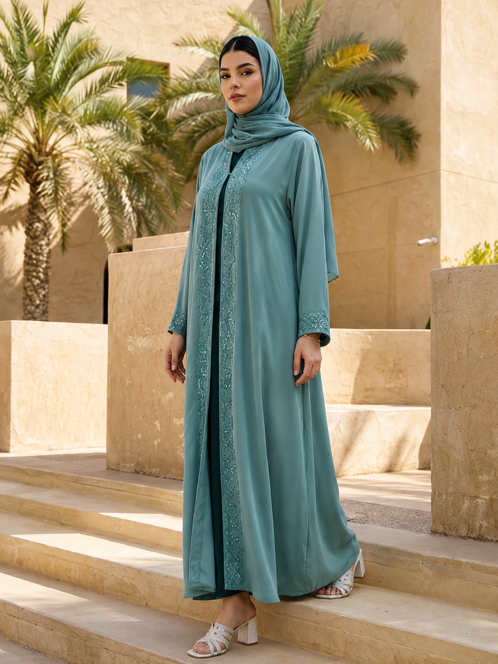 Seafoam Embroidered Open Abaya