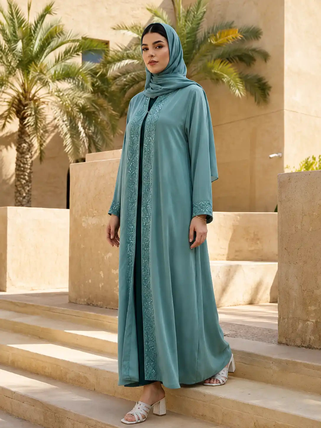 Seafoam Embroidered Open Abaya