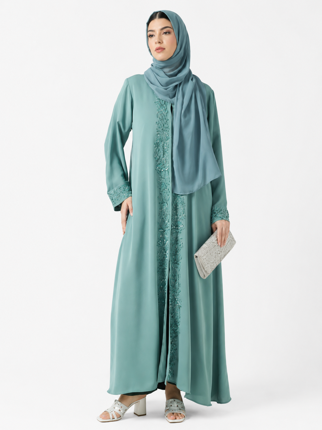 Seafoam Embroidered Open Abaya